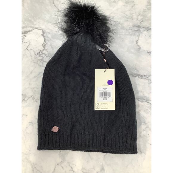 Calia Womens Black Slouch Faux Fur Pom Knit Beanie Hat Cozy Casual Winter L25-20 - Picture 2 of 8